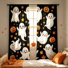 2pcs Halloween Digital Print Curtains, Cute Ghost Pumpkin Maple Leaf Pattern, Black Background Cartoon Style, Bedroom Living Room Home Decor - Multicolor - View 10