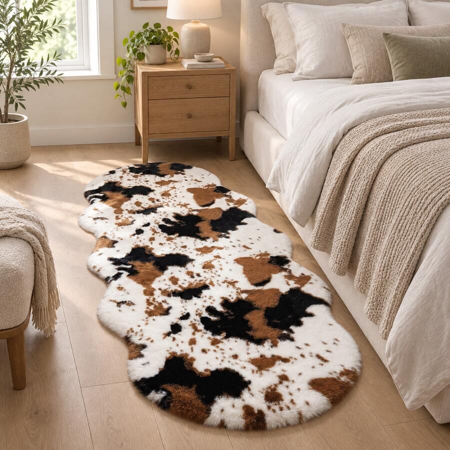 1pc Christmas New Year Carpet, Autumn/Winter New Style Faux Fur Decorative Rug, 5-7cm Long Pile White Shaggy Carpet, Suitable For Window Sill Mat, Sofa Cushion, Bedroom Rug, Bedside Rug, Children's Room Rug, Toy Room Rug, Dressing Table, Wardrobe, Window Display Decoration, Etc. Decorative Rug, Rug For Bedroom, Fall Decoration, Cosy Season, Christmas Gifts, Autumn Home Decor - Cow Print - View 1