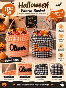 TONGFANTECH Halloween Plaid Handheld Storage Basket, Children's Trick Or Treat Candy Bucket, Holiday Decoration Fabric Storage Bin With Customizable Name - Multicolor - View 2