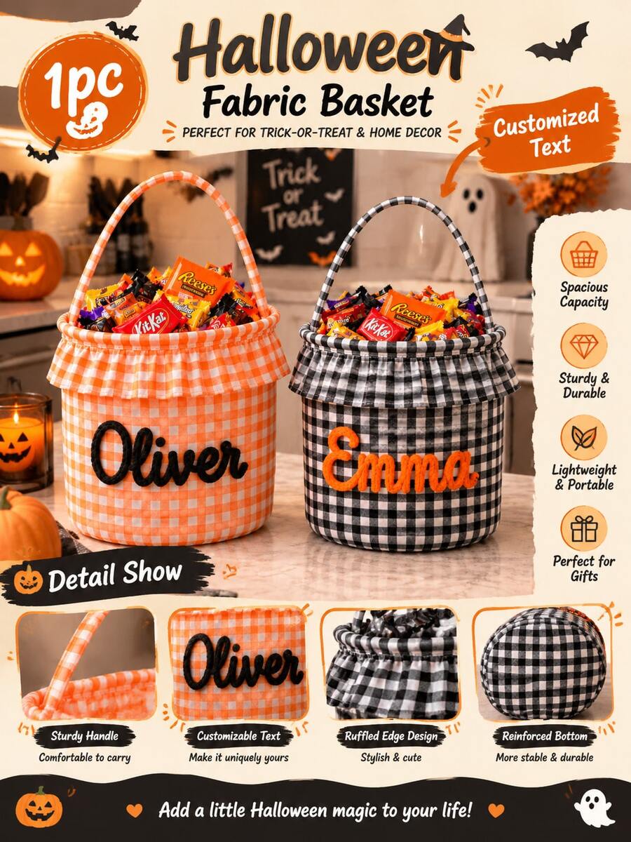 TONGFANTECH Halloween Plaid Handheld Storage Basket, Children's Trick Or Treat Candy Bucket, Holiday Decoration Fabric Storage Bin With Customizable Name