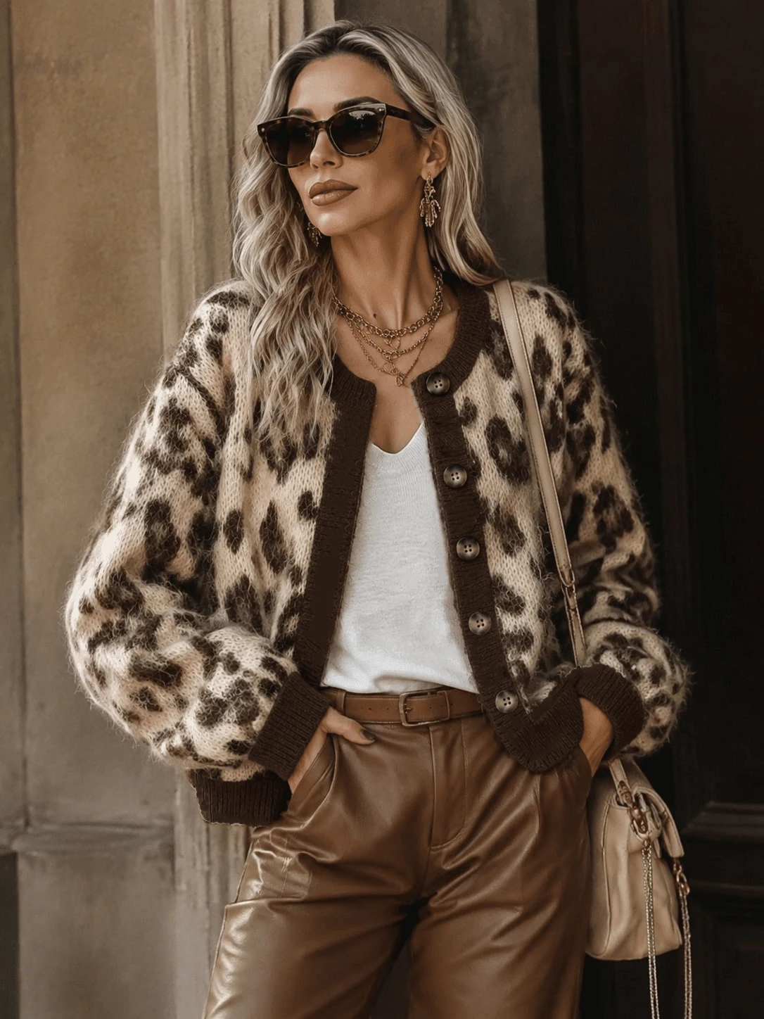 Women's Leopard Print Short Cardigan, Fashionable Round Neck Long Sleeve, Button Front, Polyester Material - Essential For And New Year Fall