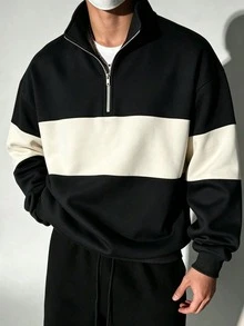 Sweatshirt Pria Hitam Putih Bergaris Kontras dengan Resleting Setengah dan Kerah Tegak, Gaya Vintage Kolese, Potongan Longgar - Hitam - View 2