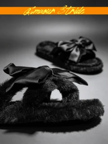 (Ukuran Kecil Satu Ukuran) Sandal Bulu Hitam Wanita untuk Luar Ruangan, Dekorasi Pita Besar Satin, Ujung Terbuka, Sandal Rumah Lembut Berbulu Hangat untuk Dalam Ruangan, Penggunaan Ganda - Hitam - View 7