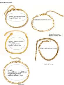 VceTd 5PCS Casual Style Stainless Steel Women's Chain Bracelets With Twisted Chain/NK Chain/Blade Chain/Paperclip Chain/Basic Chain Design, Suitable For Daily Wear - Yellow Gold - View 2