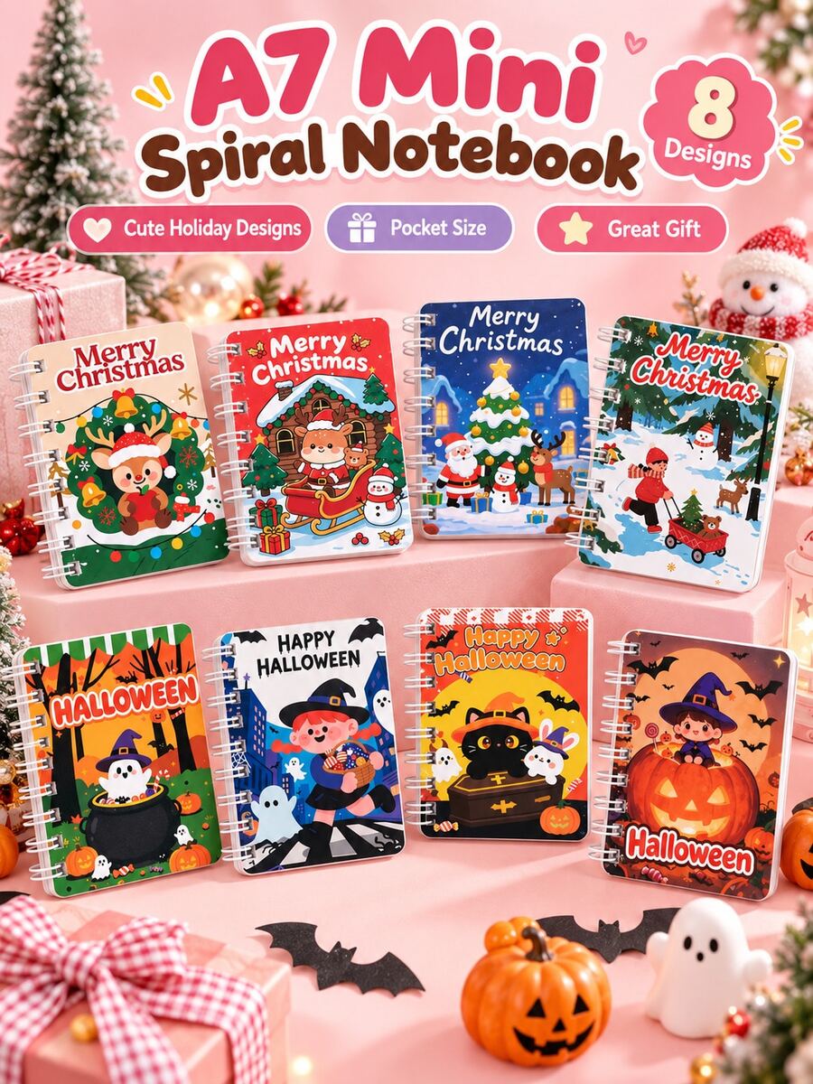 1 buah Buku Catatan Spiral Mini A7, Buku Jurnal Saku Kartun Lucu Natal Halloween, Buku Catatan Spiral Kecil, Alat Tulis Liburan, Hadiah - Berbagai gaya - View 1
