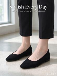 Women's Pointed Toe Ballet Shoes, Elegant Soft Sole Slip-On, Suitable For Workplace, Commute, Wedding, Office, Black Shoes - Black - View 4