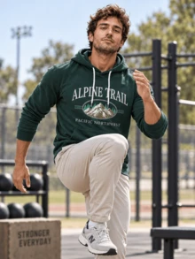 Men's Dark Green Mountain Print Sweatshirt ALPINE TRAIL Letter Graphic Drawstring Pocket Long Sleeve Outdoor Casual Hooded Sweatshirt - Dark Green - View 1