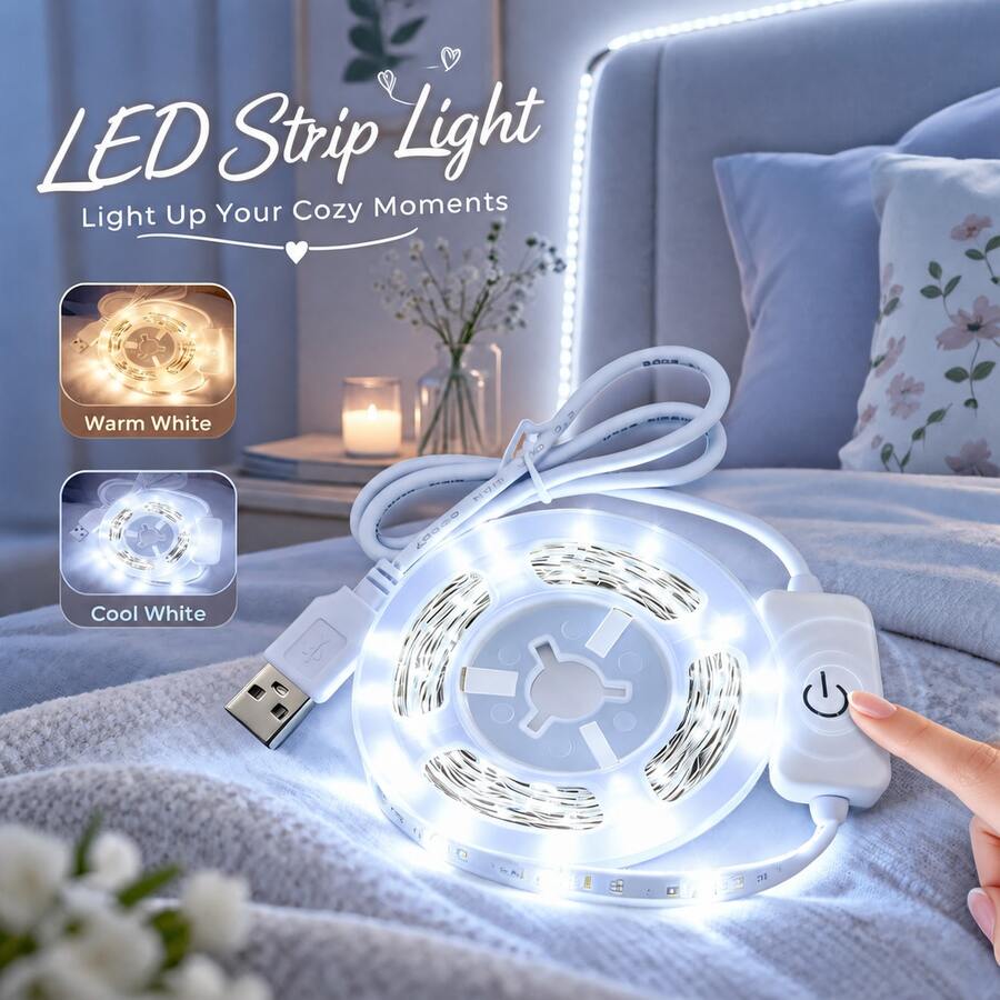 Flexible Touch Control USB LED Strip Lights, Cuttable Self-Adhesive LED Tape, Easy Install DIY Background Lamp, Warm White/Cool White , For Halloween Gaming Room Cabinet Shelf Holiday Decor - 2835 Touch - View 1