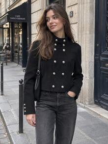 Women's Double-Breasted Court Style High Neck Cropped Jacket - Black - View 1