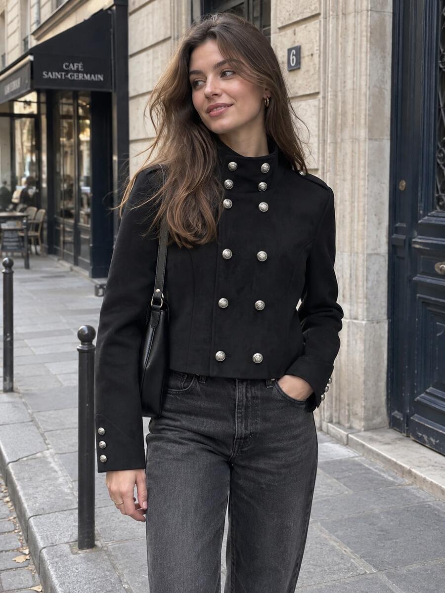 Women's Double-Breasted Court Style High Neck Cropped Jacket - Black - View 1