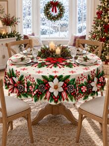 Christmas Print Tablecloth, Red And White Poinsettia, Candy Cane, Pine Branch, Pine Cone And Snowflake Pattern, Cream White Vintage Holiday Dining Tablecloth, Suitable For Christmas Dinner, Kitchen, Dining Room, Family Gathering And Winter Home Decor - Multicolor - View 1
