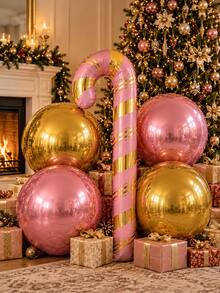 5pcs/Set Christmas Balloons - Extra Large 59-Inch Pink & Gold Striped Candy Cane Balloon + 18-Inch Pink & Gold Inflatable Mirror 4D Foil Balloon, Christmas, Wedding, Birthday Party Decoration - Gold & Pink - View 1