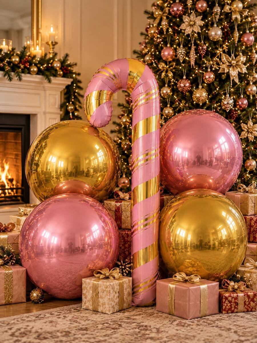 5pcs/Set Christmas Balloons - Extra Large 59-Inch Pink & Gold Striped Candy Cane Balloon + 18-Inch Pink & Gold Inflatable Mirror 4D Foil Balloon, Christmas, Wedding, Birthday Party Decoration - Gold & Pink - View 1