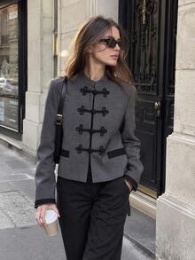 Women's Vintage Knot Button Decor Jacket - Grey - View 1