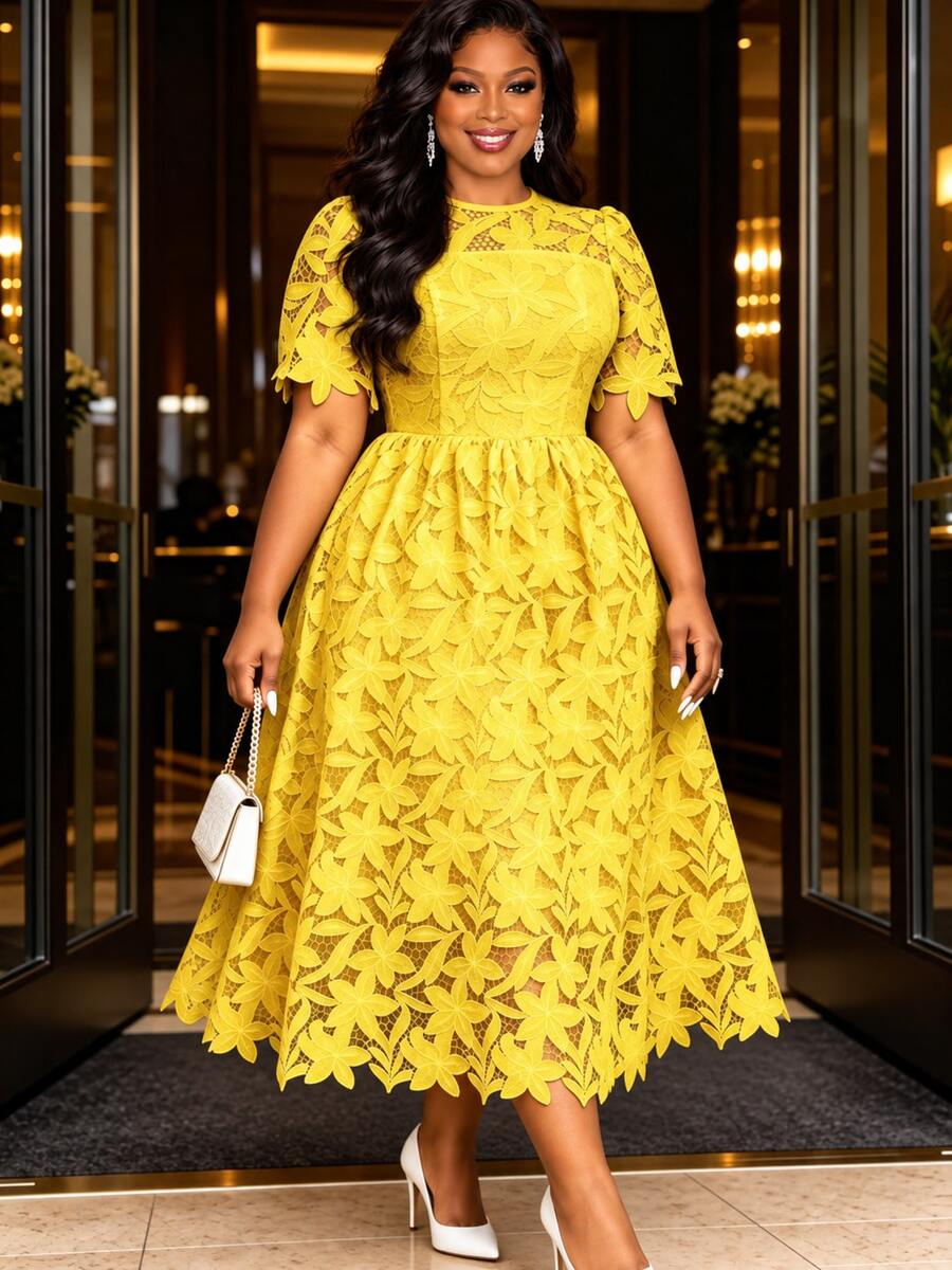 Chic Women's Plus Size Yellow Floral Lace Midi Dress Petal Sleeve Round Neck Flared Hem Modest & Classy Party Gown Wedding Vacation Fall