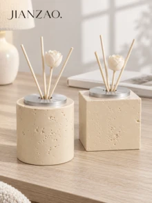 1pc/2pcs Travertine Reed Diffuser Bottle, Wabi Sabi Beige Stone Aroma Empty Bottle, Cylinder & Square Shapes, Sola Flower Rattan Sticks, Home Table Decor, Housewarming Gift - Stone-patterned Travel Bottle - View 1