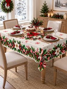 Christmas Print Tablecloth, Red And White Poinsettia, Candy Cane, Pine Branch, Pine Cone And Snowflake Pattern, Cream White Vintage Holiday Dining Tablecloth, Suitable For Christmas Dinner, Kitchen, Dining Room, Family Gathering And Winter Home Decor - Multicolor - View 2