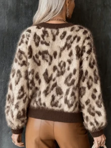 Women's Leopard Print Short Cardigan, Fashionable Round Neck Long Sleeve, Button Front, Polyester Material - Essential For And New Year Fall - Coffee Brown - View 3