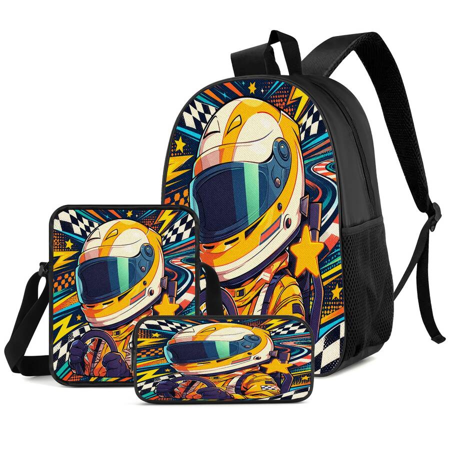 Racing Star Colorful 2D Print 3 Pieces Set, Side Elastic Mesh Pocket Water Bottle Holder, Wide & Thick Breathable Adjustable Shoulder Strap, Fashion Racing Style Commute Travel Picnic Daily Storage Bag - Printed Bag - View 1