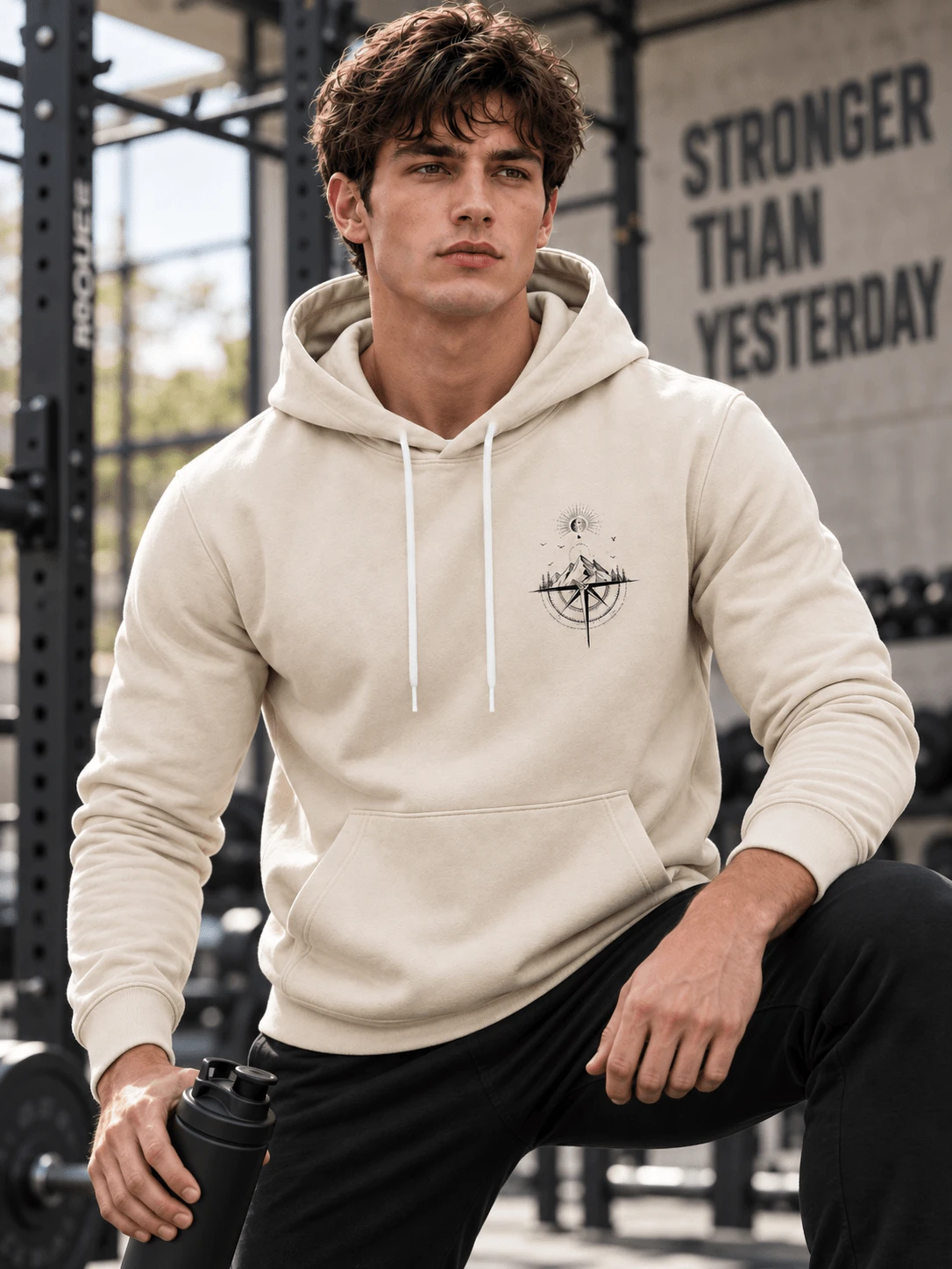Men's Cream Mountain Compass Sun Moon Pattern Sweatshirt, Drawstring Pocket Long Sleeve Outdoor Hiking Casual Sweatshirt - Apricot - View 1