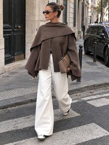 Women's Casual Oversized Poncho Style Knit Cardigan, Daily Wear - Coffee Brown - View 1