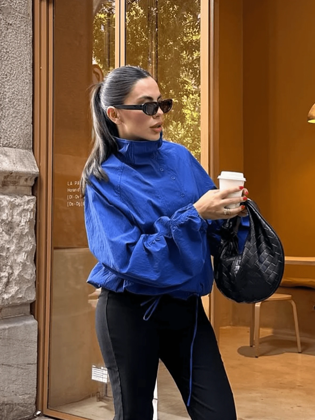 Women's Fashion Blue Polyester Loose Regular Fit Long Sleeve Pleated High Neck Jacket, Non-Stretch Fabric - Blue - View 1
