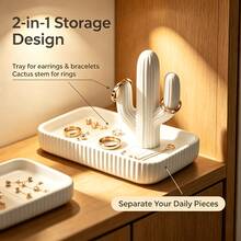 1pc Black & White Cactus Jewelry Storage Rack, Multi-Functional Ring Necklace Earring Display Tray, Minimalist Wabi-Sabi Style Decorative Accessory, Gift For Boys & Girls - Multicolor - View 13