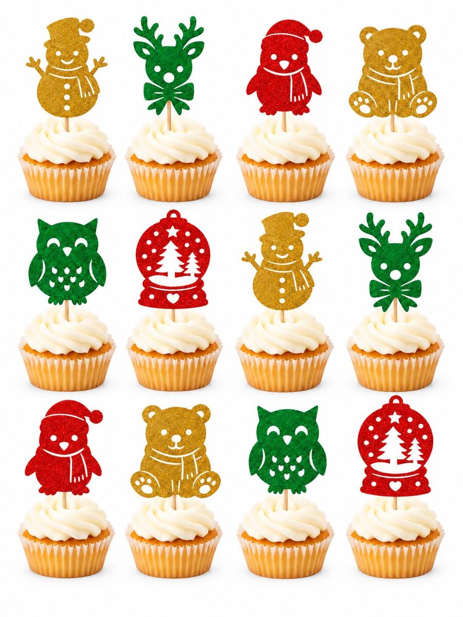 12pcs/24pcs Christmas Cake Toppers, Gold Glitter Cupcake Picks With Wooden Toothpicks And Glue Dots, Christmas Holiday Party Baking Decoration - Style a - View 1