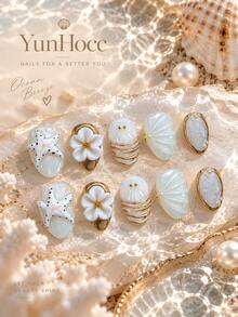 10Pcs Short Almond Square Handmade Reusable Press On Nails, Milky Sheer White Base, 3D Starfish, Shell, Conch & White Flower Decor, Gold Rim Glitter Accent, Fresh Ocean Vacation False Nail Set For Beach Trip, Photoshoot & Summer Dating - Multicolor - View 3
