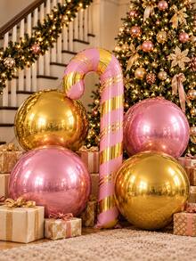 5pcs/Set Christmas Balloons - Extra Large 59-Inch Pink & Gold Striped Candy Cane Balloon + 18-Inch Pink & Gold Inflatable Mirror 4D Foil Balloon, Christmas, Wedding, Birthday Party Decoration - Gold & Pink - View 7