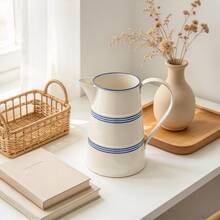 1pc Bohemian Farmhouse Enamel Metal Pitcher Vase, Cream White Jug With Red/Blue Stripes, Vintage Decorative Water Can, Tabletop Flower Vase For Kitchen, Living Room, Dining Table, Indoor Home Decor, Rustic Country Home Accent Decor - Little Red - View 4