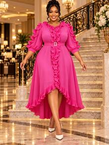 AOMEI Elegant Plus Size Women's Chiffon Layered Ruffle Maxi Dress With Rhinestone Buckle Belt Asymmetrical Hem A-Line Skirt, Wedding Guest Party Dress - Hot Pink - View 2
