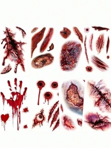 2Sheets Random Style Of Red Y2K Boy And Girl Halloween Scar Tattoo Stickers, Temporary Tattoos, Waterproof And Sweatproof, Simple And Easy To Use - Red - View 4