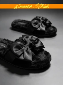 (Ukuran Kecil Satu Ukuran) Sandal Bulu Hitam Wanita untuk Luar Ruangan, Dekorasi Pita Besar Satin, Ujung Terbuka, Sandal Rumah Lembut Berbulu Hangat untuk Dalam Ruangan, Penggunaan Ganda - Hitam - View 8