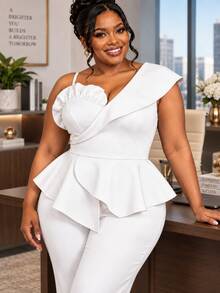 Plus Size White Elegant Ruffled Jumpsuits Sleeveless V Collar Top Spaghetti Strap Peplum Waist Wide Leg Pants Slim Fit Evening Party Rompers - White - View 2