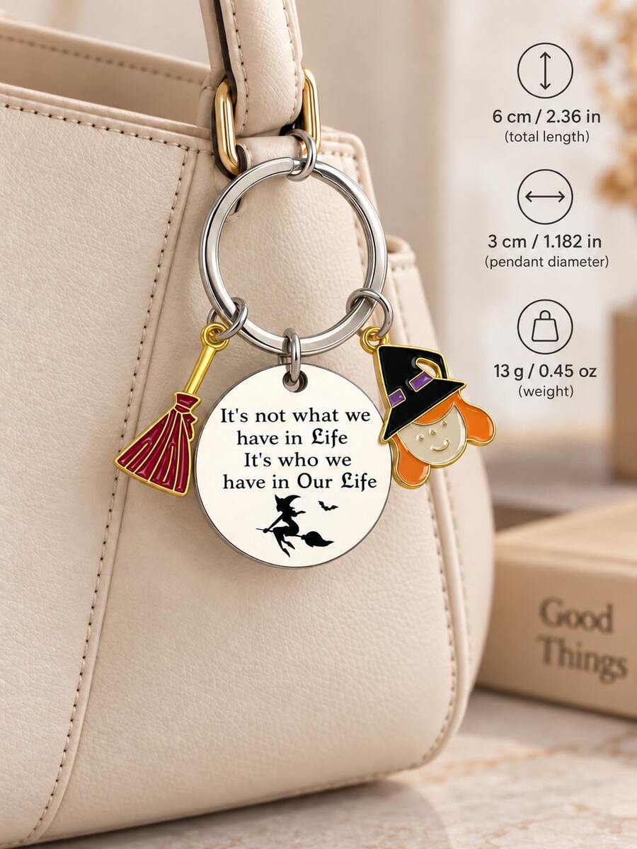 Halloween Witch Hat & Broom Keychain, Engraved Quote Stainless Steel Key Ring, Best Friend Bag Pendant Gift