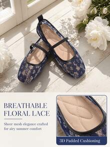 Square Toe Floral Lace Mesh Women's Flat Mary Jane Ballet Shoes, Fashionable, Comfortable, Breathable, Slip-On, Suitable For Casual/Work, Gentle And Elegant - Navy Blue - View 3