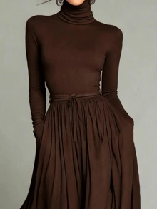 HUTENER Women's Spring/Autumn High Neck Long Dress, Long Sleeve High Waist Cinched Cinched Waist Design, Flowy Long Dress, With Pockets, Suitable For Daily And Formal Occasions - Dark Brown - View 8