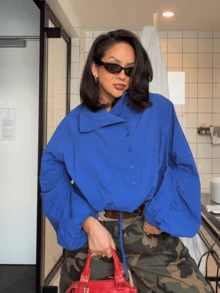 Women's Fashion Blue Polyester Loose Regular Fit Long Sleeve Pleated High Neck Jacket, Non-Stretch Fabric - Blue - View 4