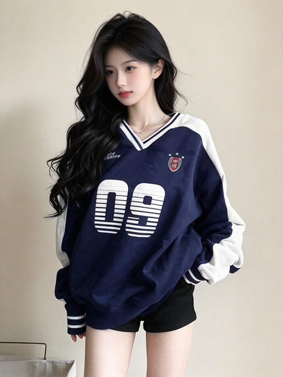 韓系時尚秋季新款美式復古品牌字母V領長袖女款寬鬆休閒上衣 - 藍色 - 查看 1