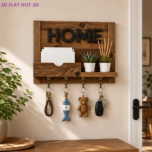 1pc 2D Flat HOME Rustic Wooden Key Holder Rack, 4 Hooks Wall Mounted Decorative Key Rack Organizer For Entryway, Kitchen, Office, Apartment, Farmhouse Home Decor Gift - View 1