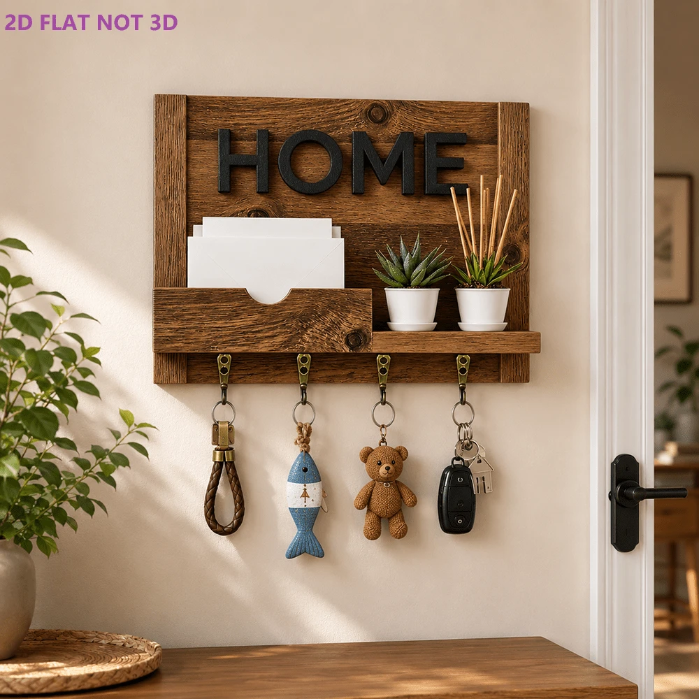 1pc 2D Flat HOME Rustic Wooden Key Holder Rack, 4 Hooks Wall Mounted Decorative Key Rack Organizer For Entryway, Kitchen, Office, Apartment, Farmhouse Home Decor Gift - View 1