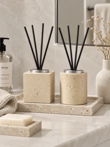 1pc/2pcs Wabi Style Square & Tubular Shaped Diffuser Vessel Set, With Decorative Rim & Volatile Sticks, Reusable Flameless Fragrance Container, For Tabletop Home Display, Housewarming & Anniversary Gift - Stone Aroma Diffuser Bottle - View 7