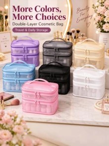 Double Layer Mesh Makeup Bag With Handle, Portable Travel Cosmetic Storage Box, Large Capacity Zippered Toiletry Organizer, Multiple Colors Available, Suitable For Daily Use And Travel - Multicolor - View 11