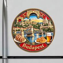 Budapest Castle And Chain Bridge With Pastry Motifs Fridge Magnet, A Charming Taste Of Travel For All Metal Surfaces Throughout The Home - A - View 2