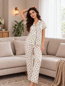 Cute Pastoral Style Light Green Trim Short Sleeve Long Pants Lapel Ditsy Floral Summer Women's Pajama Set - White - View 1