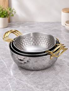 3-Piece Silver Lidded Double-Handle Soup Pot Set, Hammered Hexagonal Texture With Riveted Handle Details, Nestable Kitchen Cookware, Suitable For Cooking Soup, Pasta And Stew, Home Daily Cooking Cookware Set, Induction Cooktop Compatible - View 5
