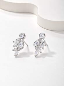 Besthing 1 Pair S925 Sterling Silver Luxury Leaf & Wing Moissanite Stud Earrings, Multi-Stone Asymmetrical Design, Delicate Earrings For Party, Formal Dress, Holiday Gift - Silver - View 3