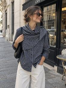 Camisa a cuadros casual y versátil para uso diario de mujer - Azul Marino - Ver 2