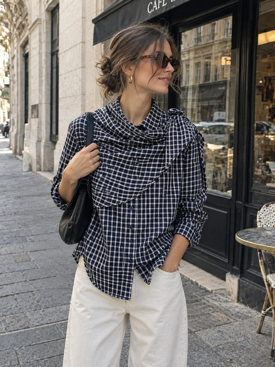 Camisa a cuadros casual y versátil para uso diario de mujer